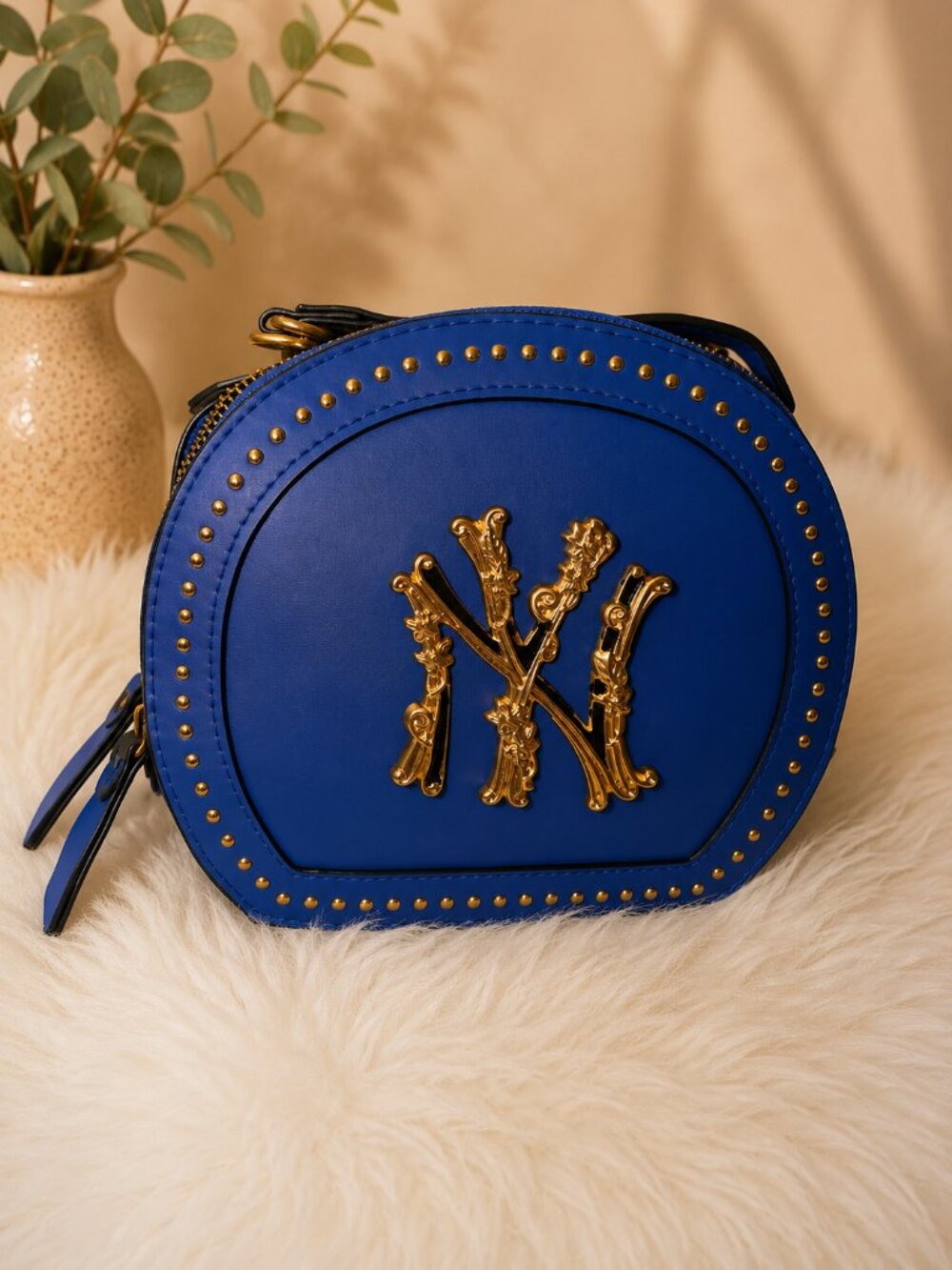 NY Yankees Inspired Blue Round Crossbody Bag Studded Purse Gold Hardware